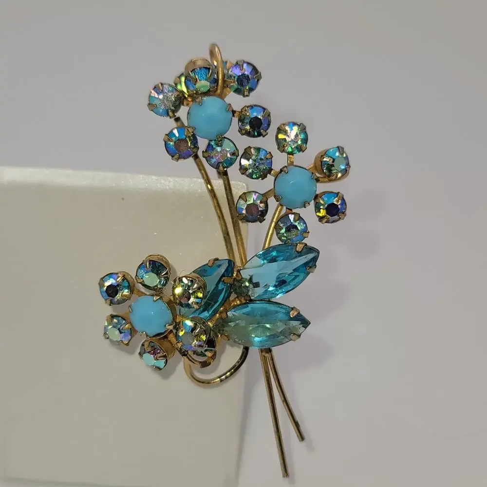 Vintage Gold-tone Blue, Turquoise-colored & Aurora Borealis Floral Brooch